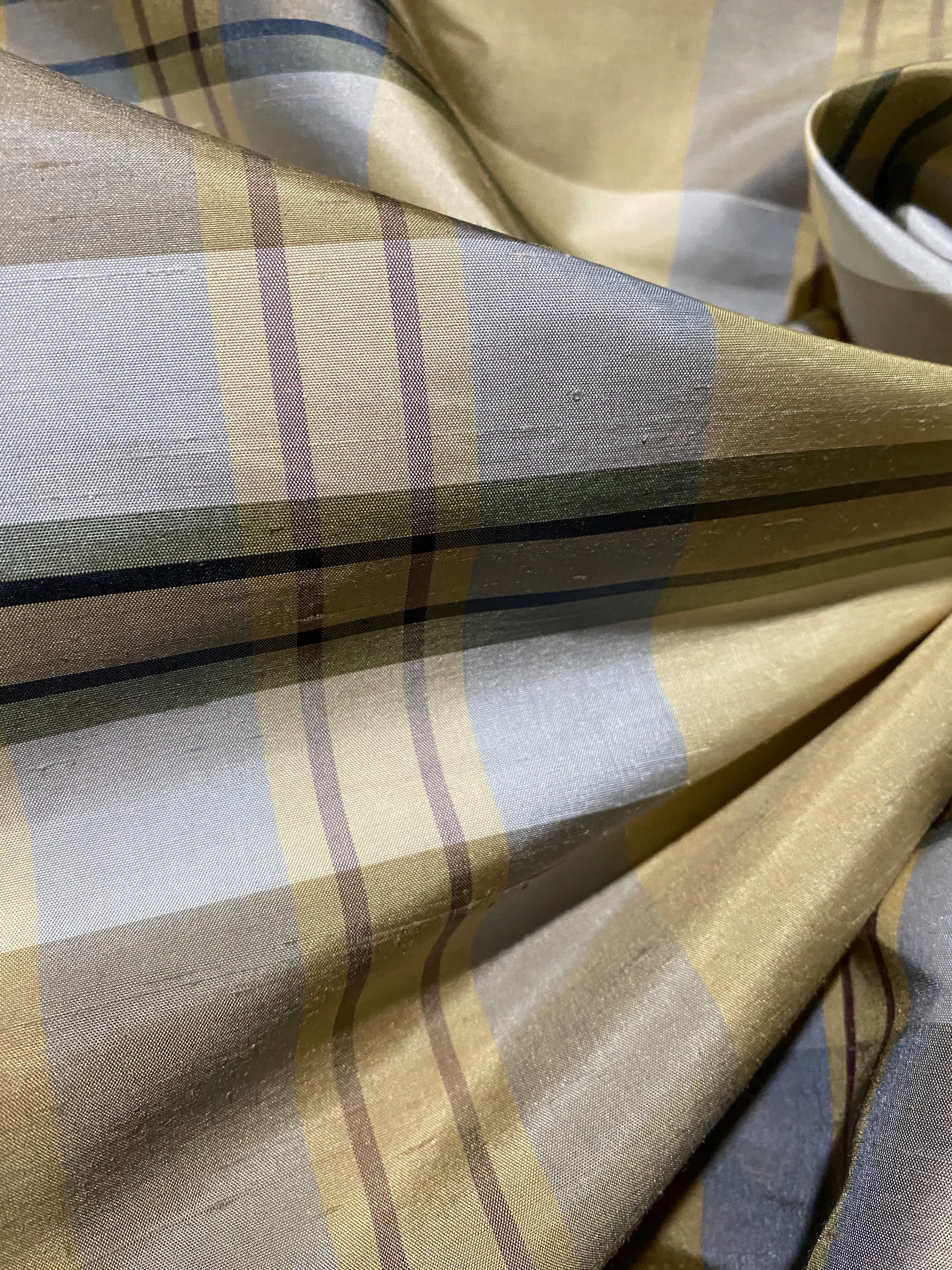 NEW Baroness Winifred 100% Silk Dupioni Taupe with Duck Egg Blue Plaid Tartan Fabric