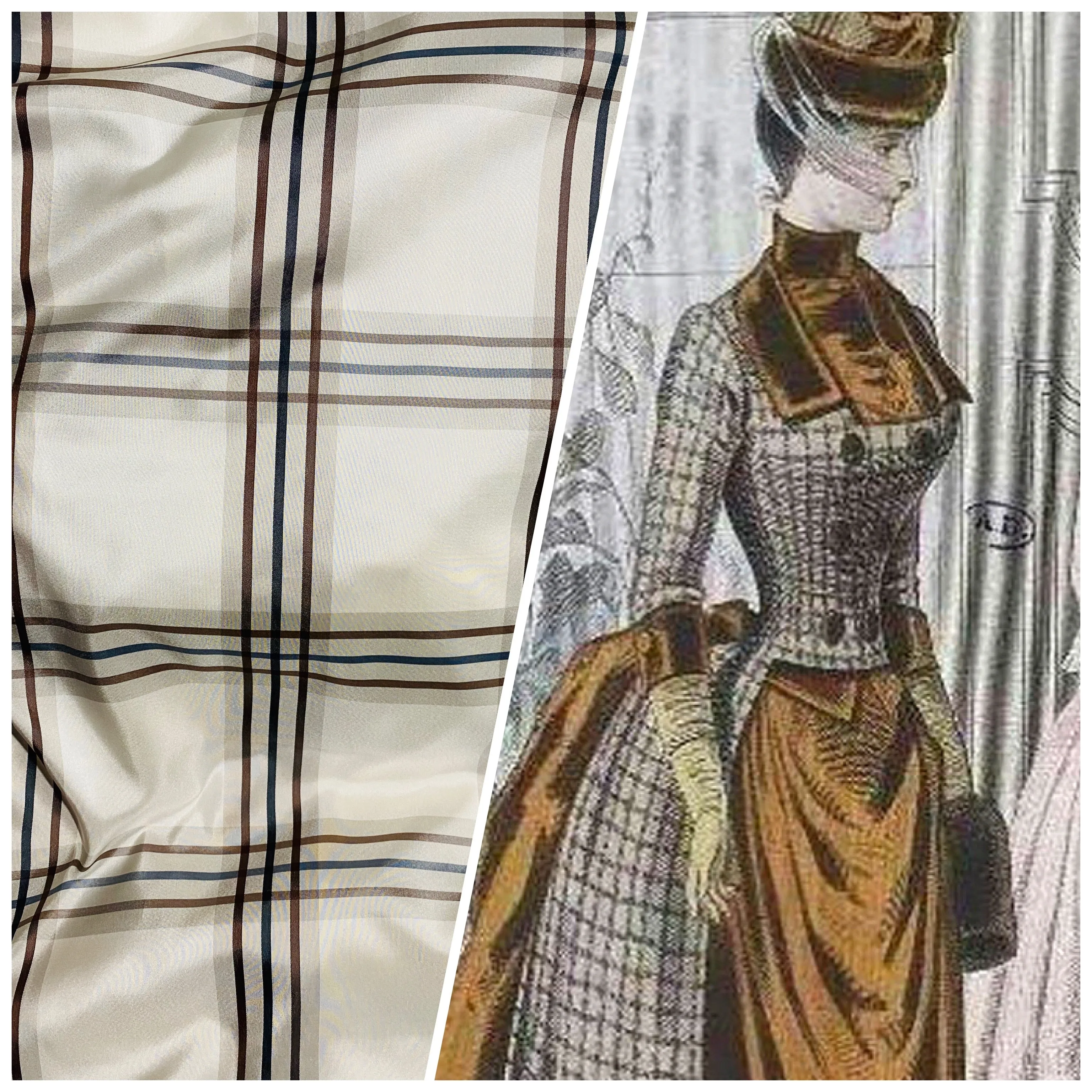 NEW Lady Lucy 100% Silk Taffeta Fabric Ivory Brown Tartan Plaid