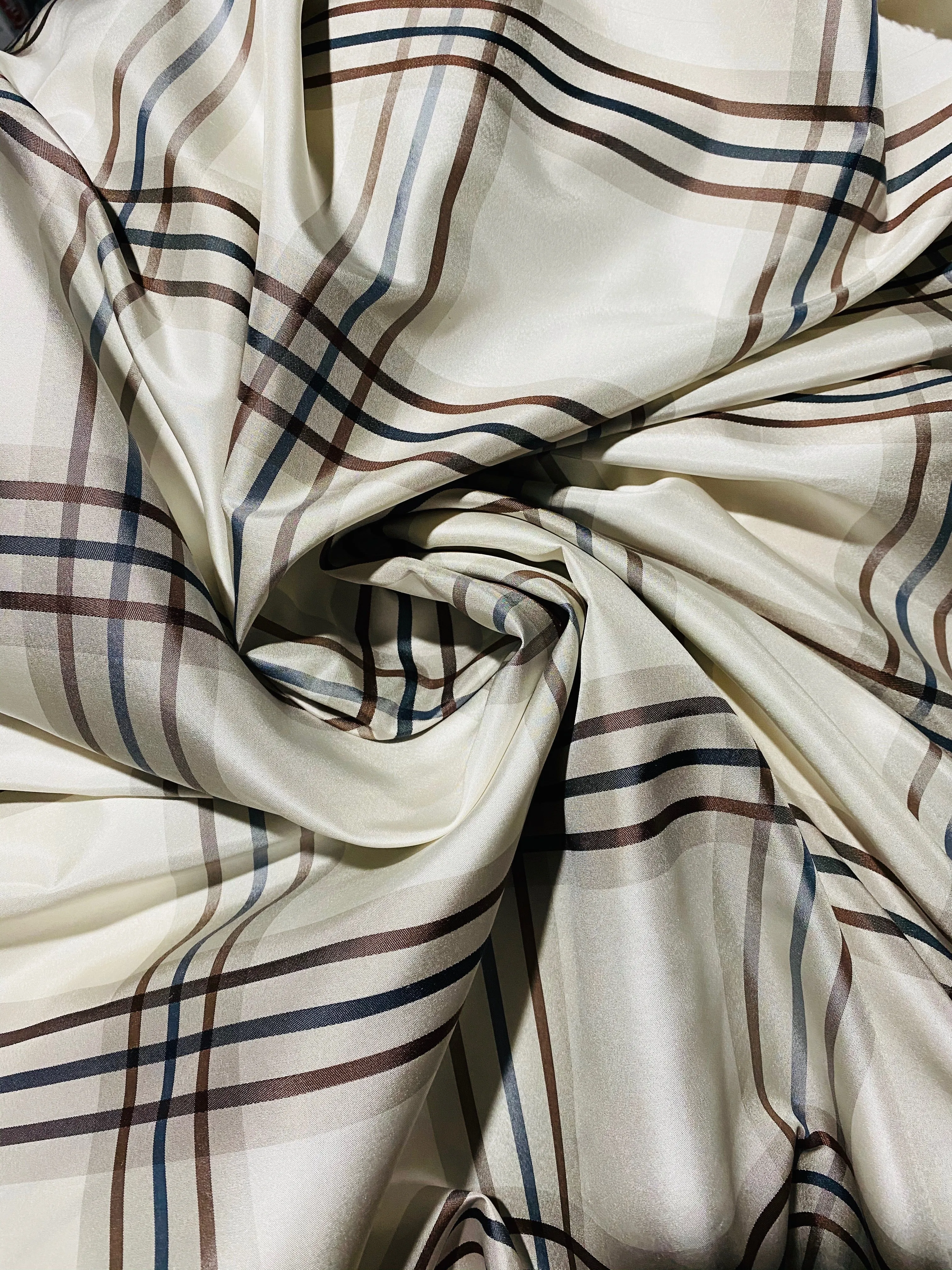 NEW Lady Lucy 100% Silk Taffeta Fabric Ivory Brown Tartan Plaid