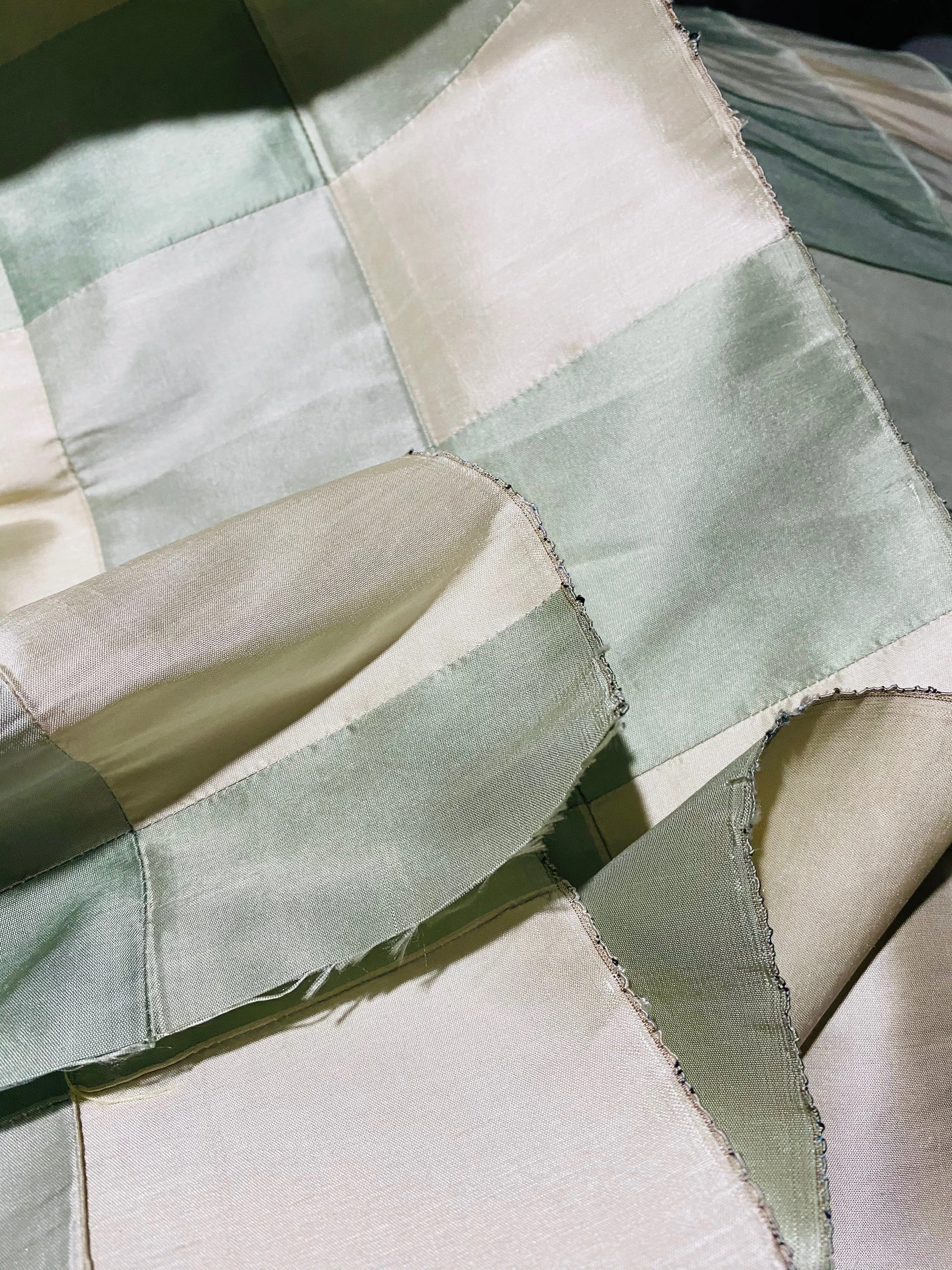 NEW Lady Tabitha 100% Silk Checkered Plaid Dupioni Fabric Sage-Aqua Green and Cream with Pintuck Detail