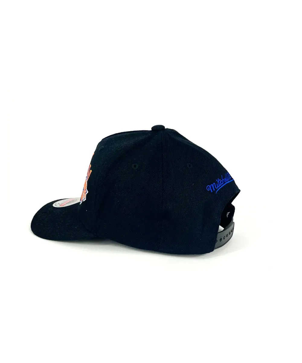 NY Knicks Classic Script Red Snapback Hat by Mitchell & Ness