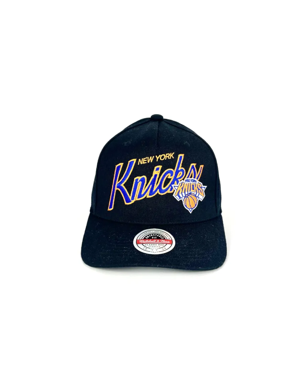 NY Knicks Classic Script Red Snapback Hat by Mitchell & Ness