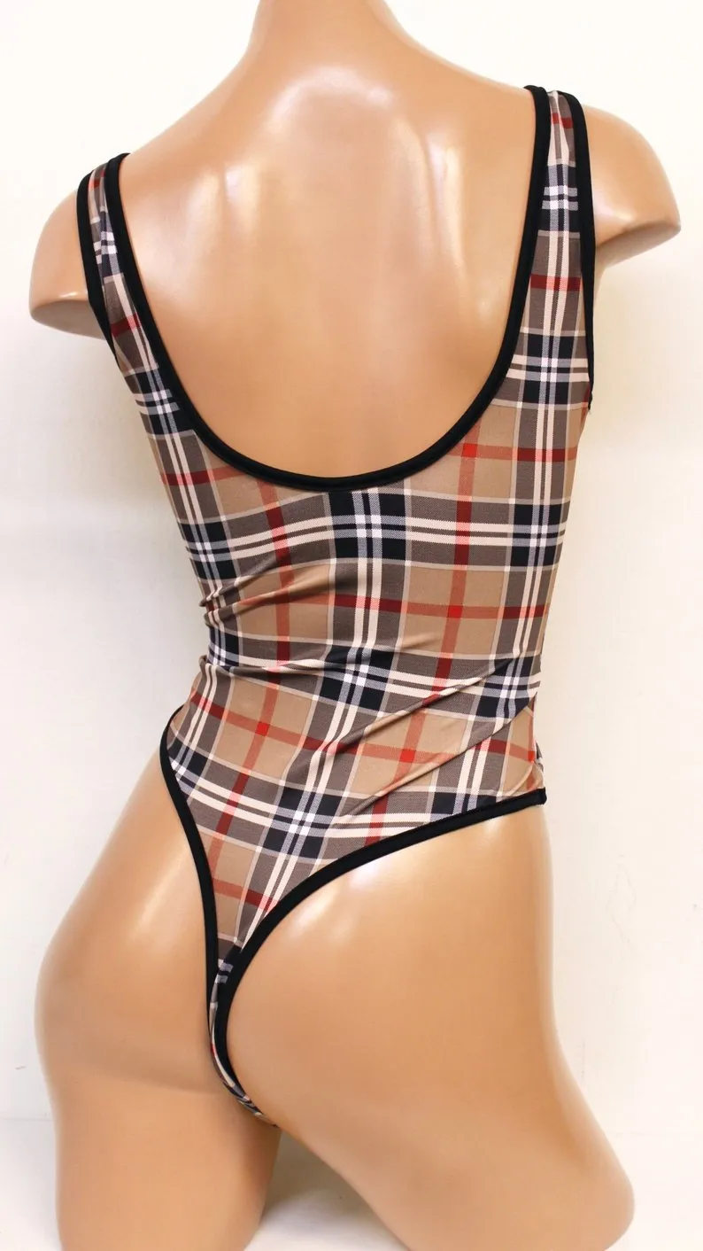 Plaid High Cut V-Neck Bodysuit in Tan