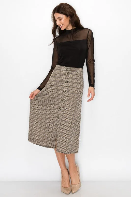 Plaid Midi Skirt in Brown