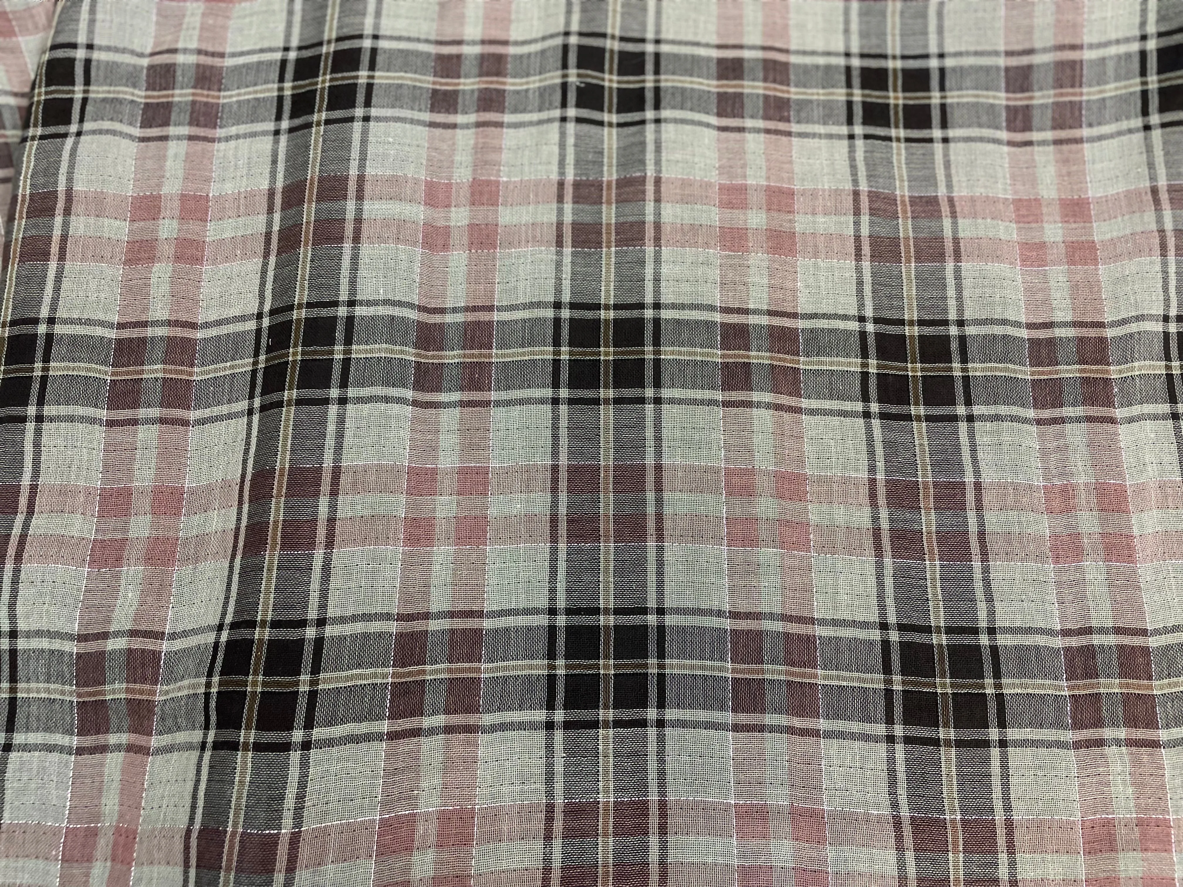 Plaid Print Double Layer Cotton Voile - Grey, Brown and Pink