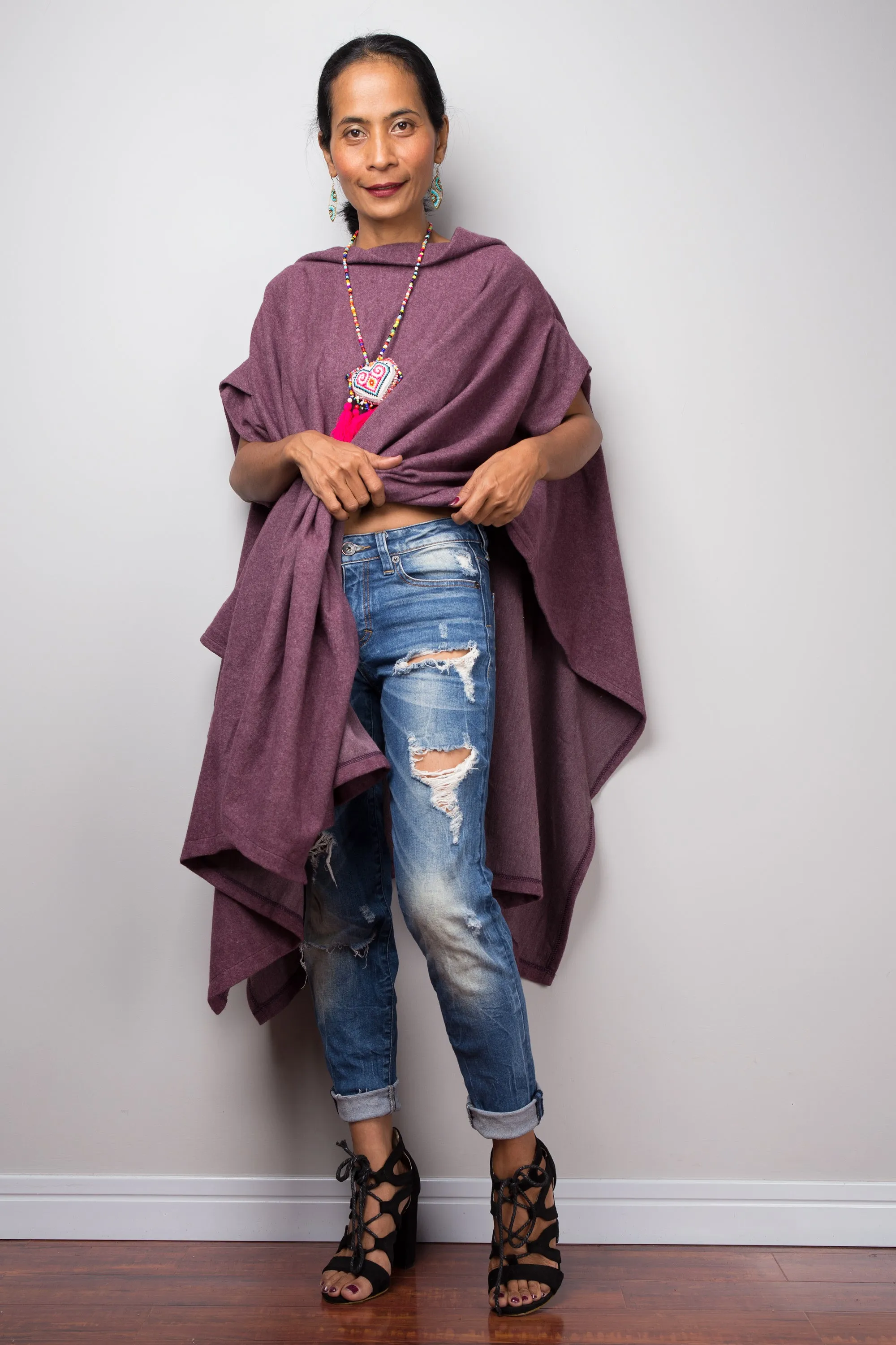 Poncho, oversized sweater, purple cape, poncho dress, tunic dress, cape dress