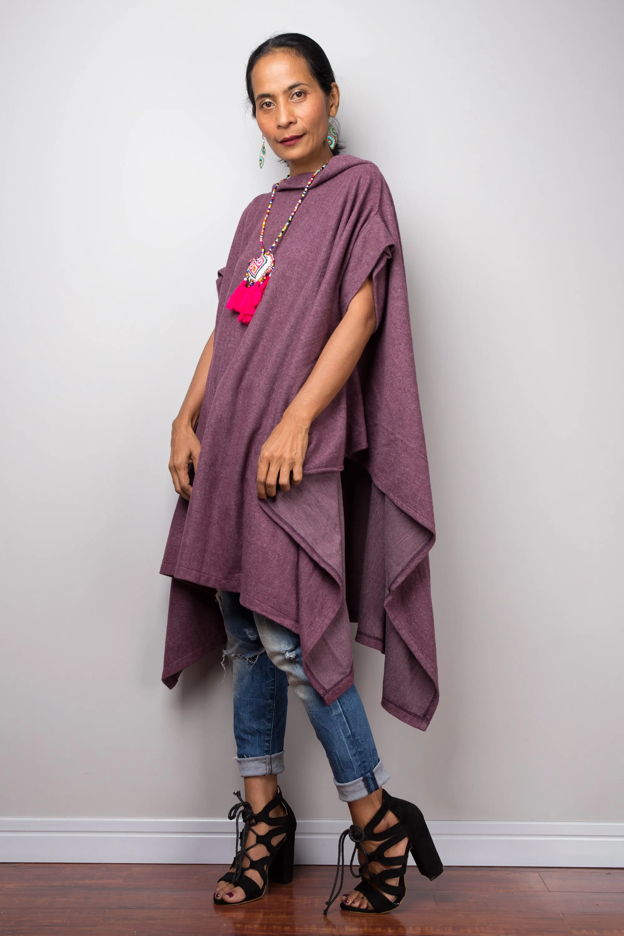 Poncho, oversized sweater, purple cape, poncho dress, tunic dress, cape dress