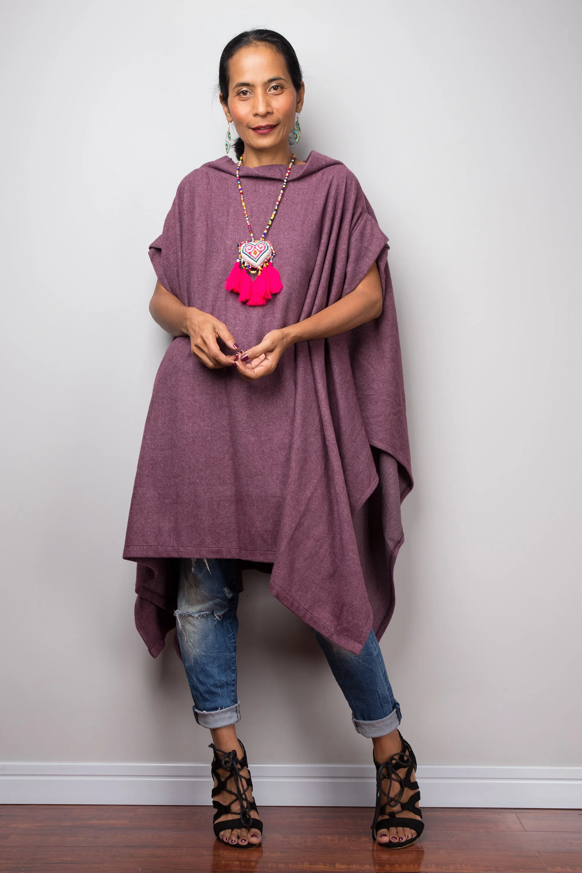 Poncho, oversized sweater, purple cape, poncho dress, tunic dress, cape dress