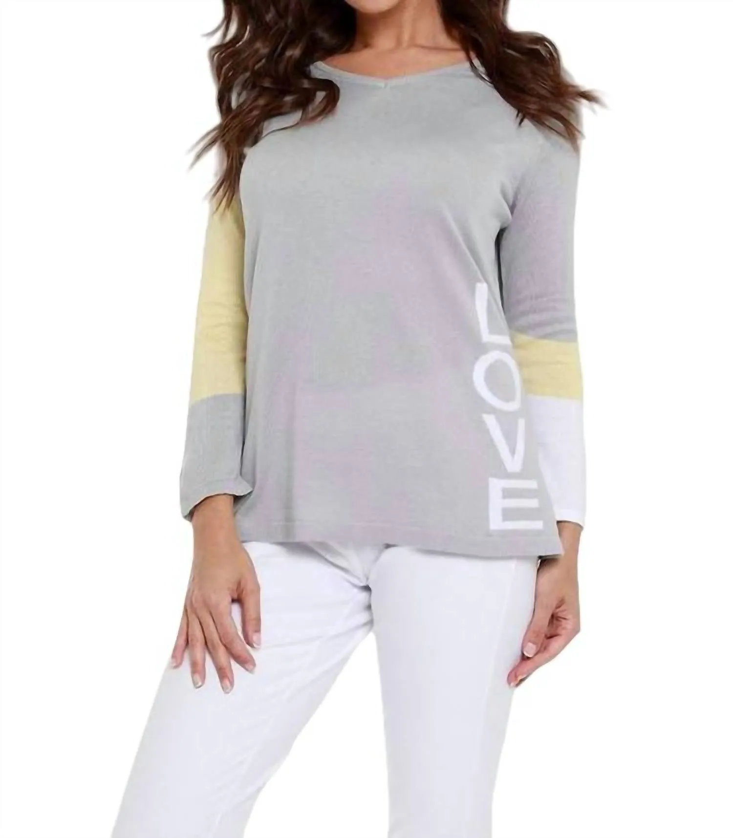 "love Me" V-Neck Top In Gray/yellow