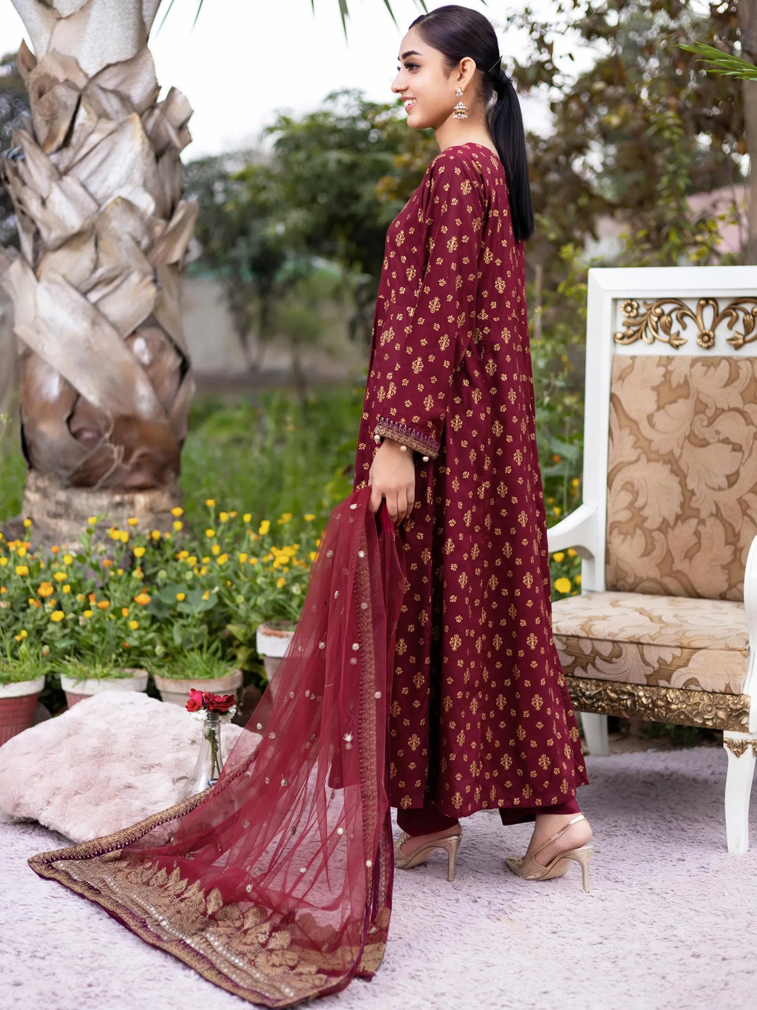 Rangz Long Linen Maxi 3-Piece Suit - Maroon