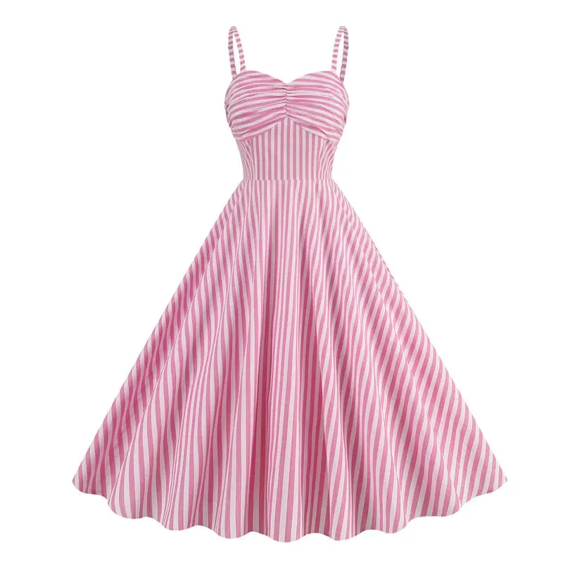 Rockabilly Style Dress, Vintage Retro Gingham Dress, Spaghetti Strap High Waist Party Retro Swing Dress