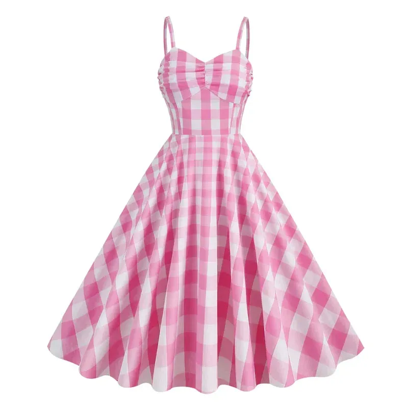 Rockabilly Style Dress, Vintage Retro Gingham Dress, Spaghetti Strap High Waist Party Retro Swing Dress