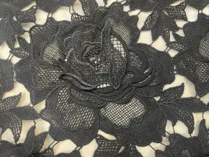 Rose Floral Appliqued Cotton Lace - Jet Black