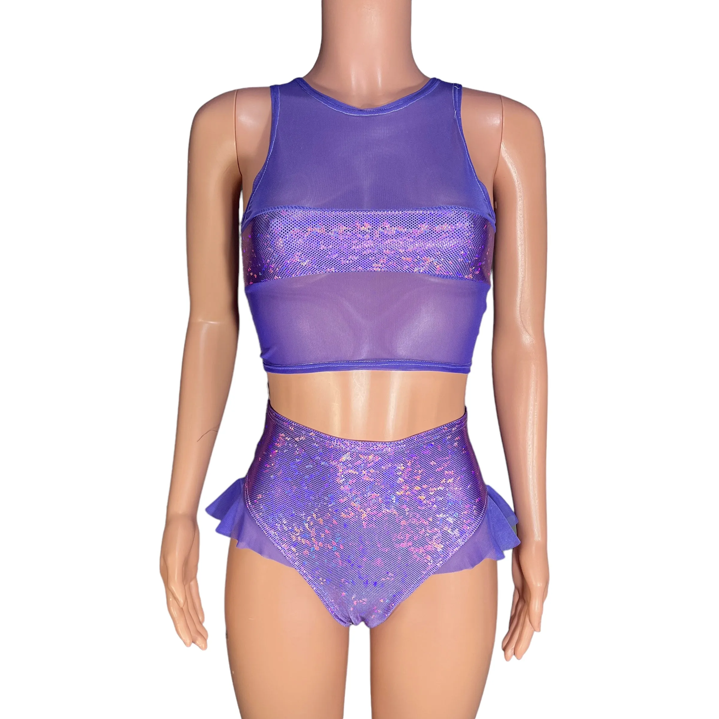 Ruffle Hot Pants High-Waisted Cheeky Bikini in Lavender Shattered Glass