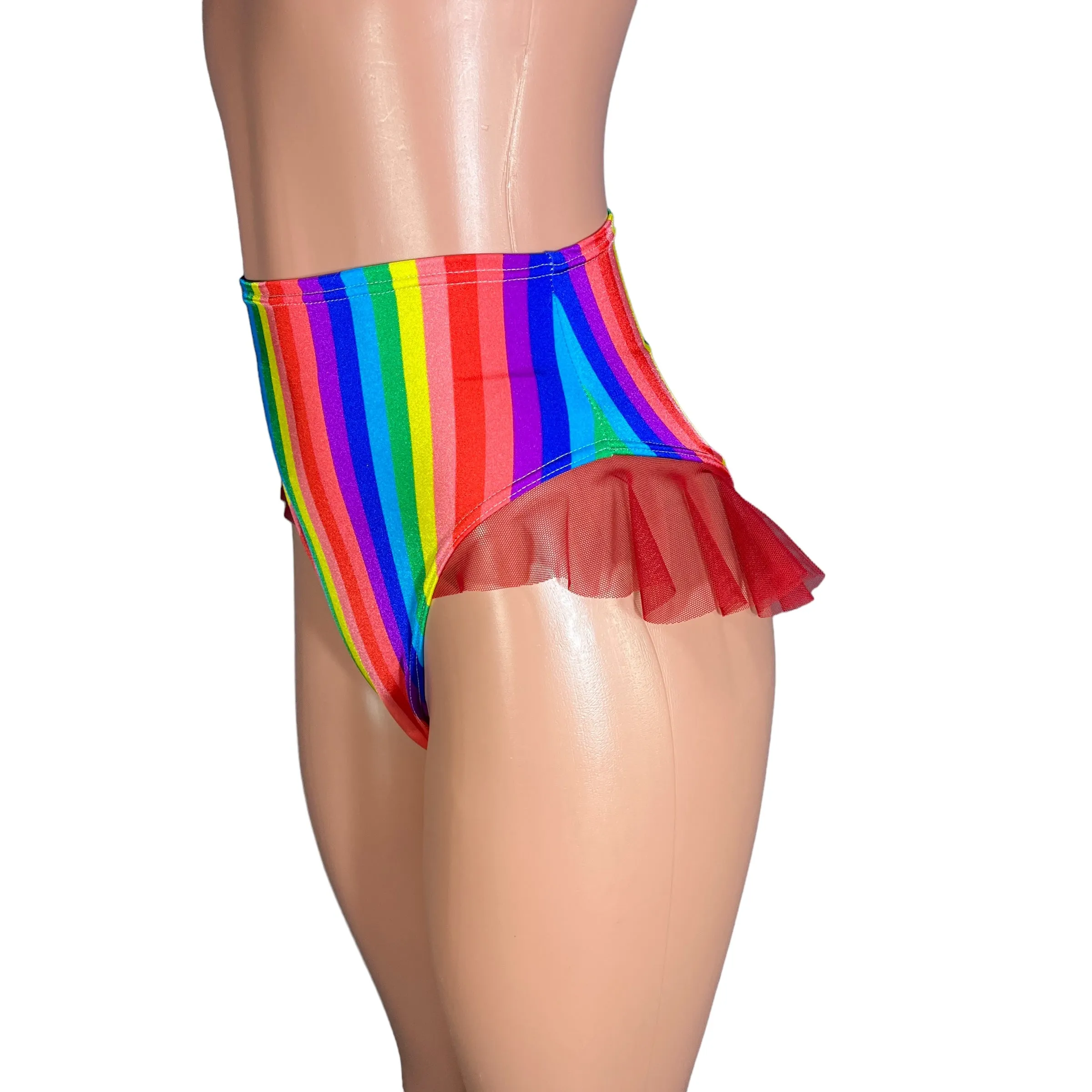 Ruffle Hot Pants High-Waisted Cheeky Bikini in Rainbow Stripe