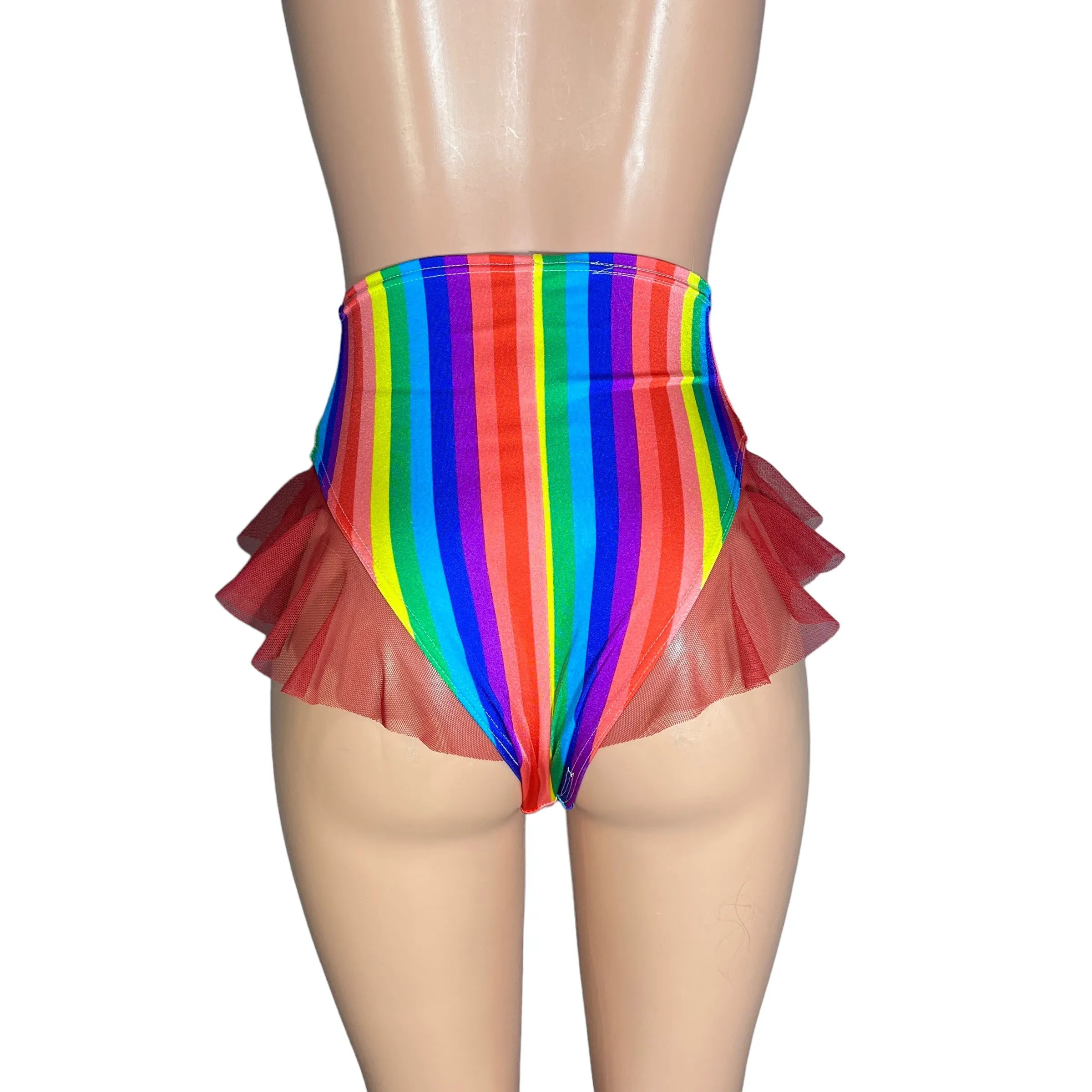 Ruffle Hot Pants High-Waisted Cheeky Bikini in Rainbow Stripe