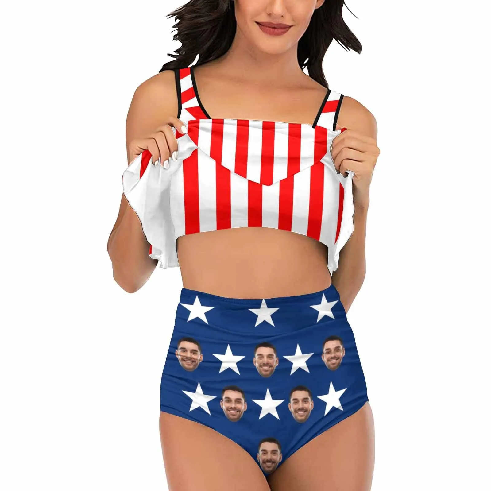 #Ruffle Tankini #4th of July #Plus Size Up 5XL Custom Face American Flag Ruffle Tankini Swimsuit Personalized Women's Two Piece Bathing Suit Summer Set Beach Pool Outfits