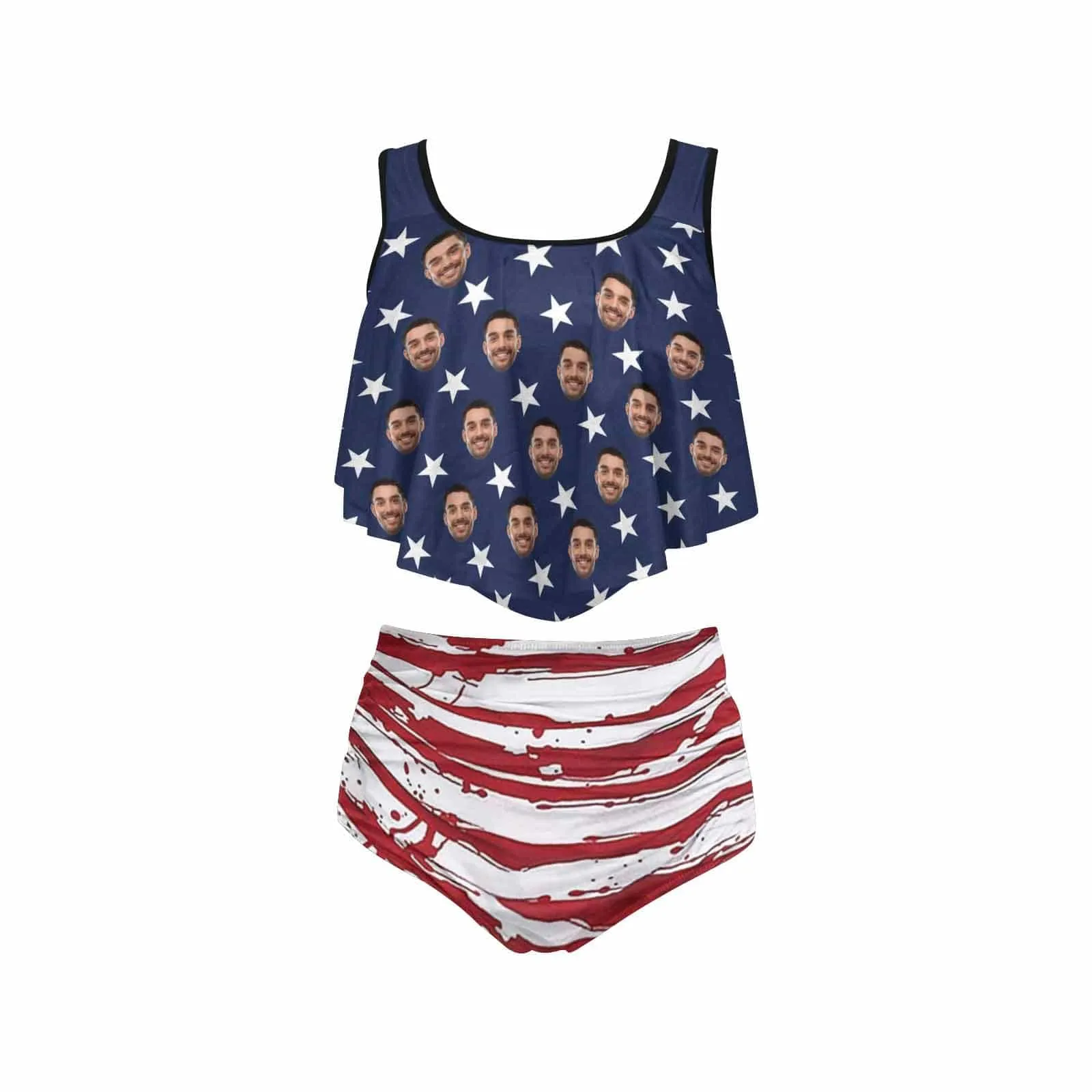 #Ruffle Tankini #4th of July #Plus Size Up 5XL Custom Face American Flag Ruffle Tankini Swimsuit Personalized Women's Two Piece Bathing Suit Summer Set Beach Pool Outfits