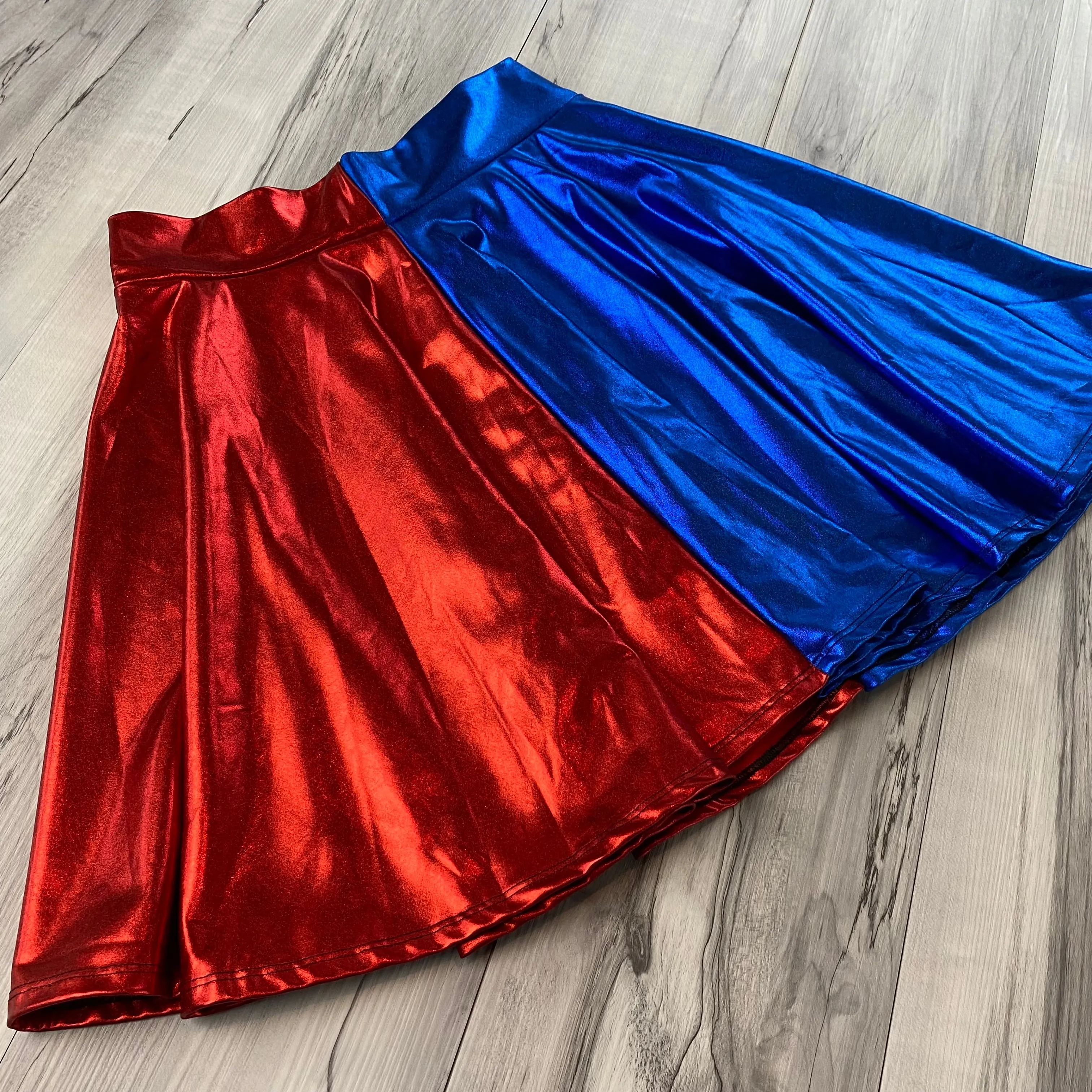 SALE - MEDIUM 19" Length Skater Skirt - Harley Quinn Blue/Red Metallic