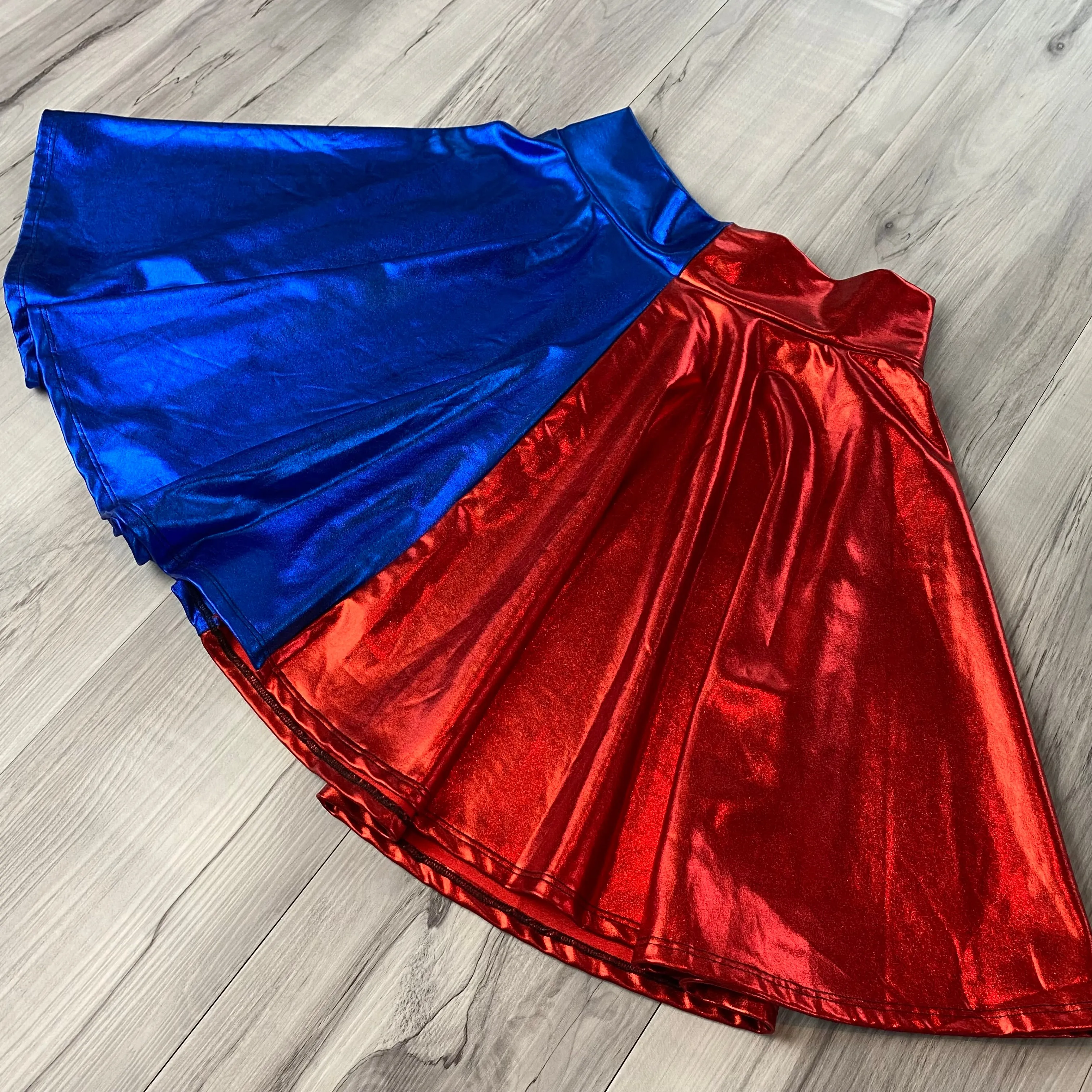 SALE - MEDIUM 19" Length Skater Skirt - Harley Quinn Blue/Red Metallic