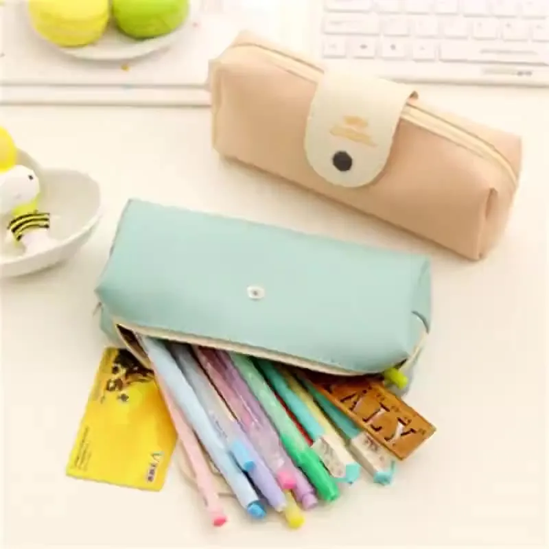 Simple Solid Color Pu Leather Pencil Pouch