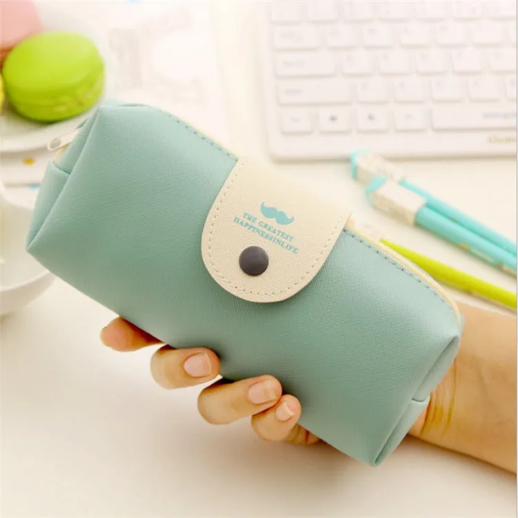 Simple Solid Color Pu Leather Pencil Pouch