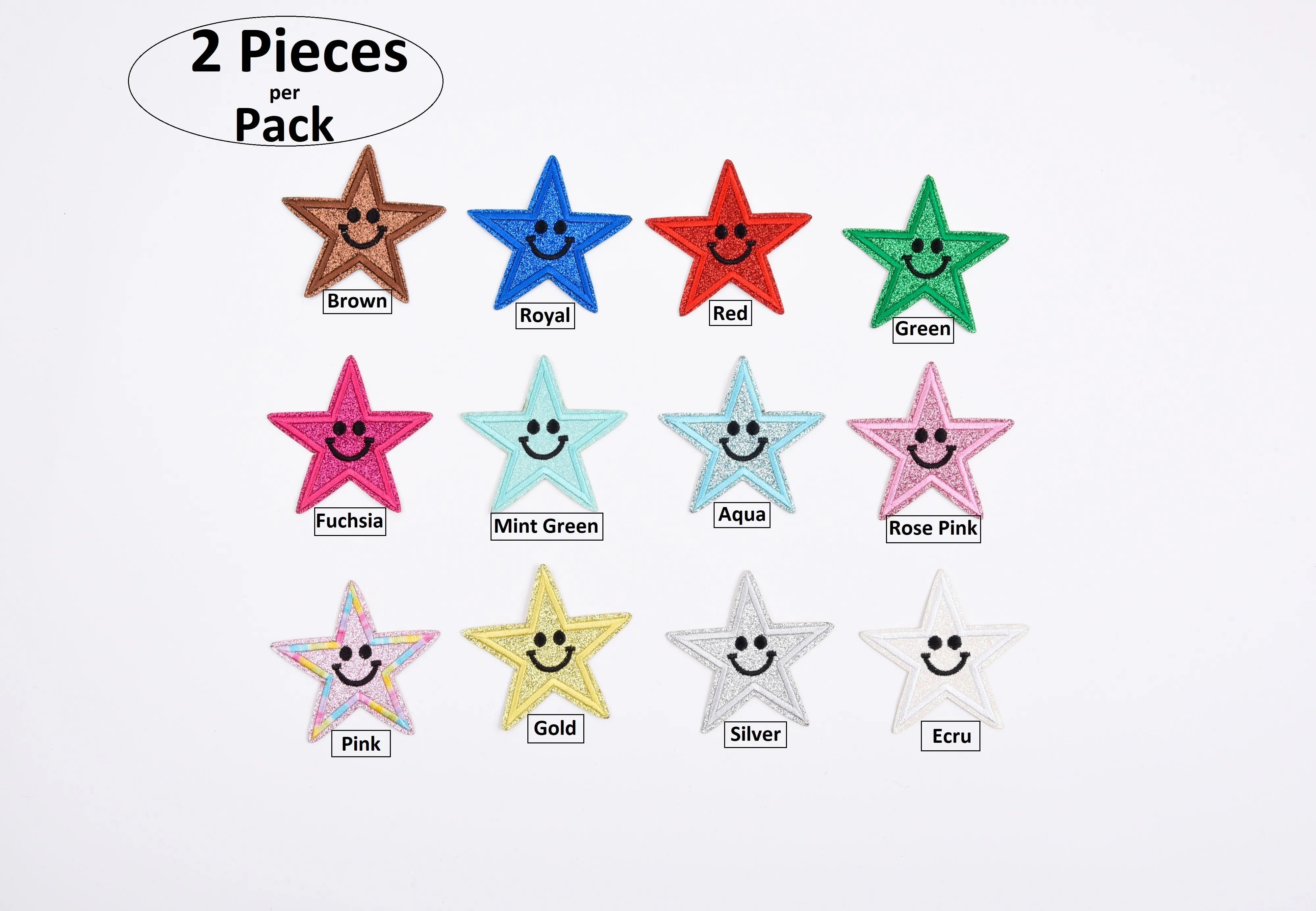 Stars Smiley Face Glitter (2 Pieces Pack) Iron on , Sew on,   Embroidered patches. - GK 47