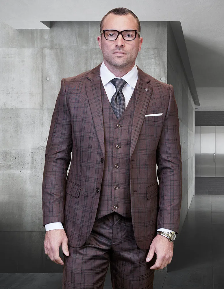 STEARNS BROWN PLAID BIG & TALL 3 PC SUIT