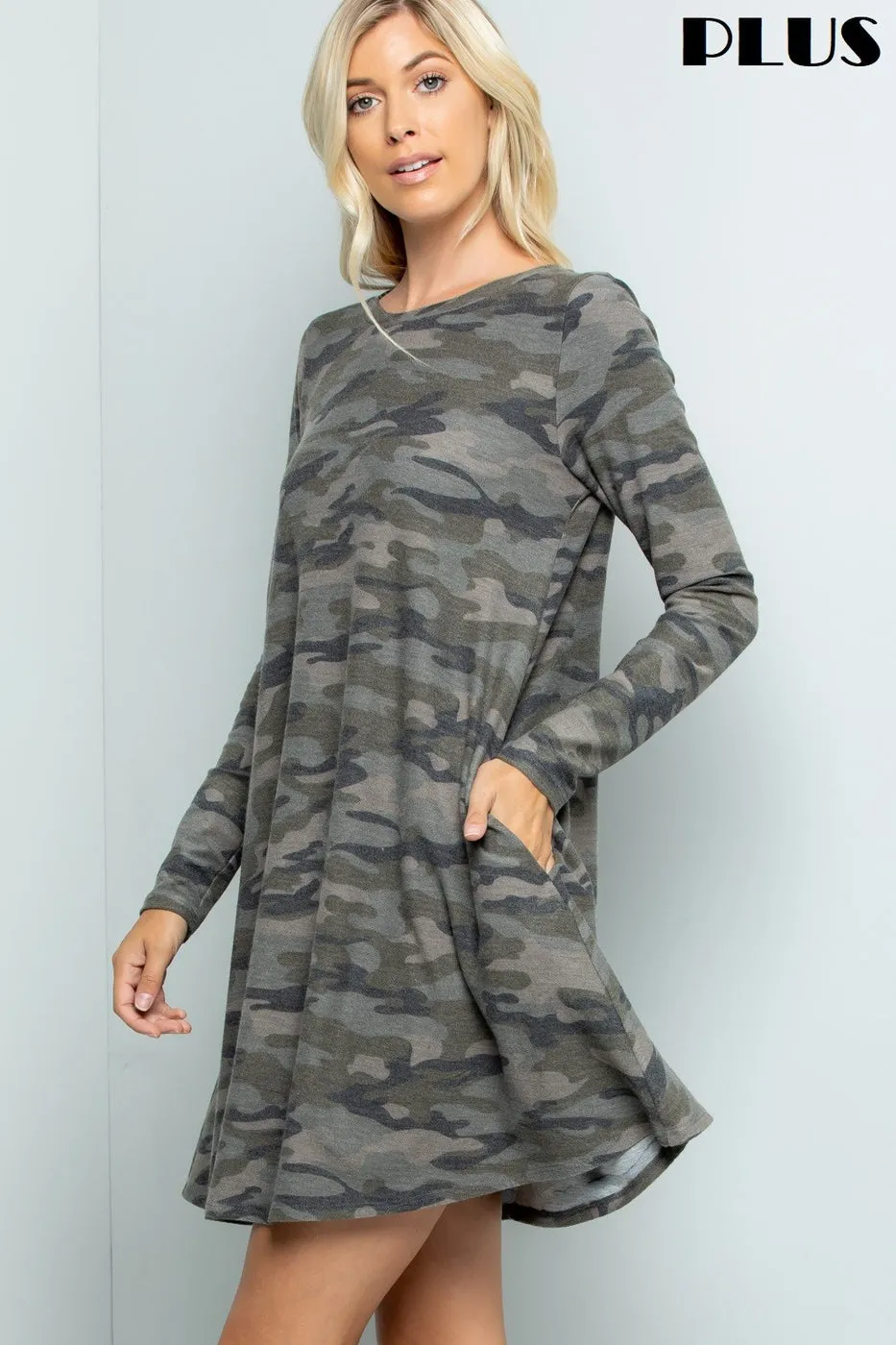 Sunday Morning Plus Camo Print Long Sleeve Dress