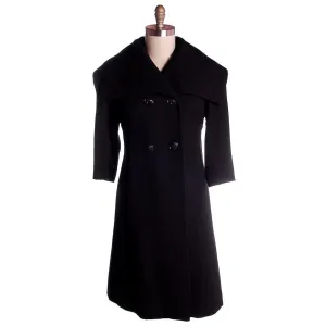 Vintage Black Textured Wool Swing Coat Huge Collar George Carmel Size M 1950s