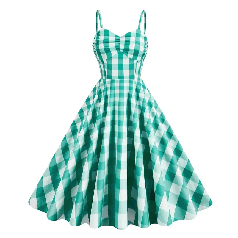 Vintage Retro Gingham Dress, Spaghetti Strap High Waist Party Retro Swing Dress