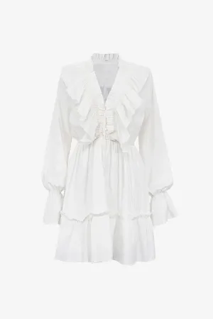 White Long Sleeve Ruffle Mini Dress