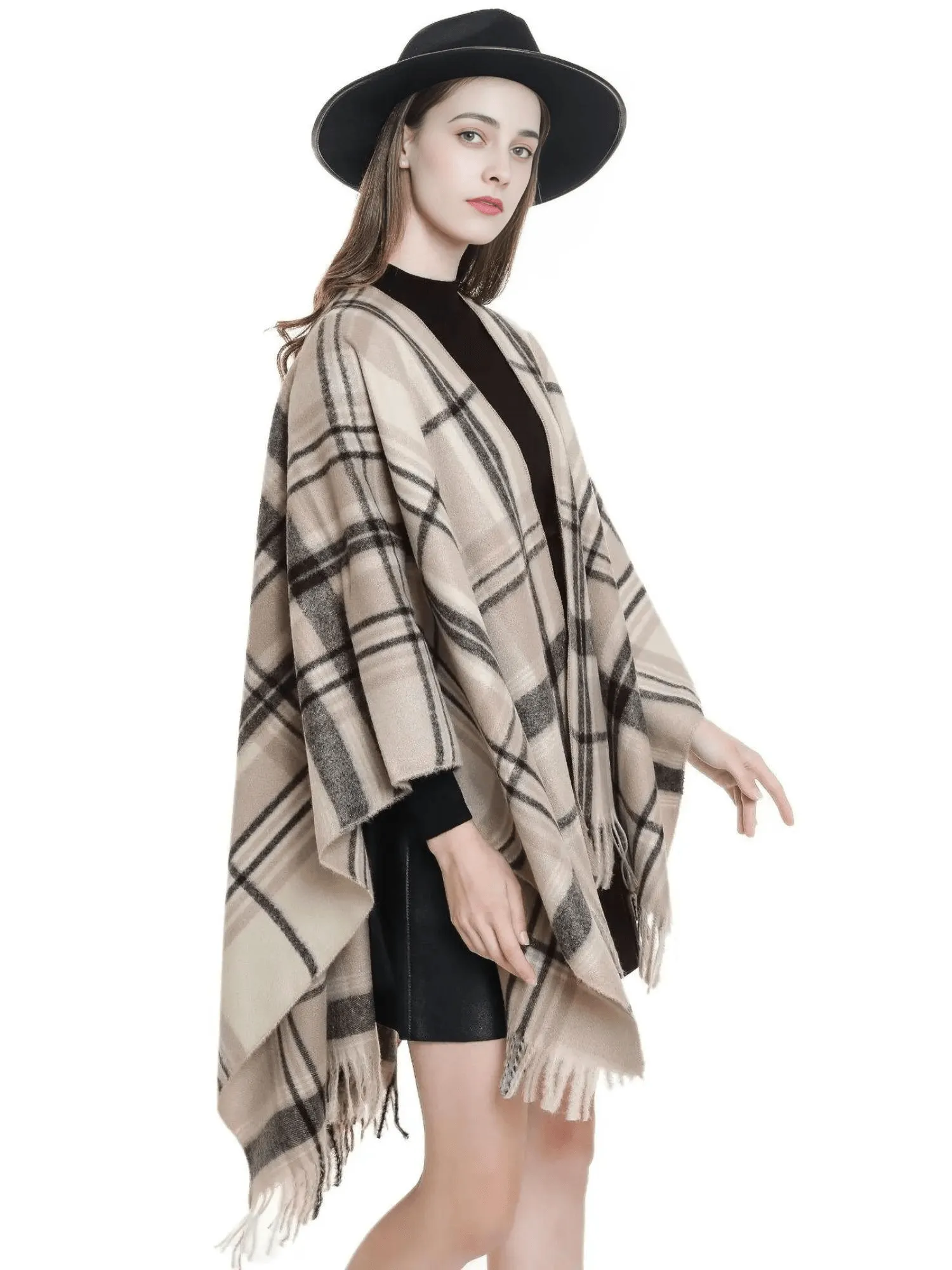 Women's Cashmere Feeling Shawl Lady Classic Plaid Cape Spring Autumn Retro Cardigan Winter Cloak with Tassels Soft Large