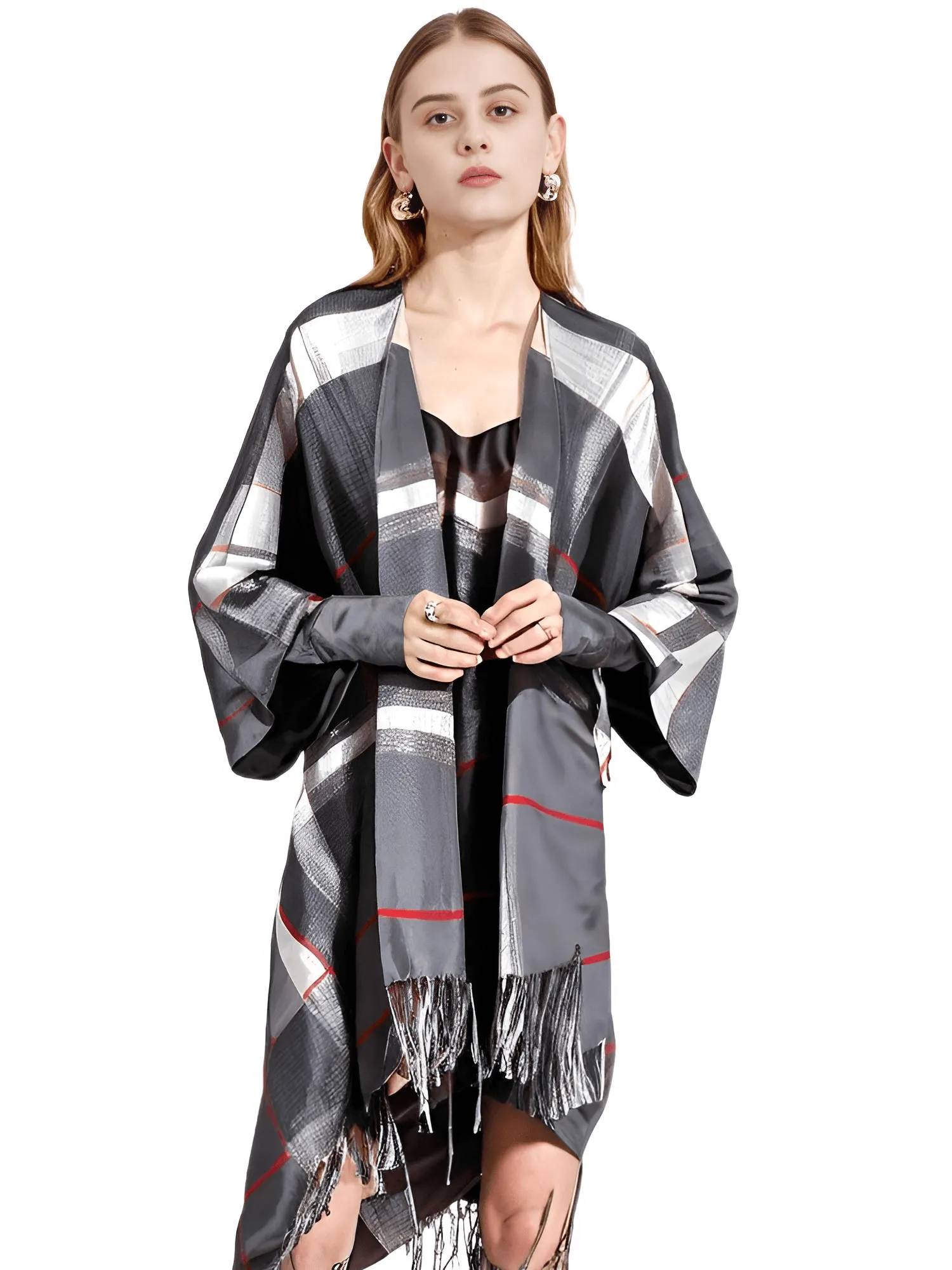 Women's Cashmere Feeling Shawl Lady Classic Plaid Cape Spring Autumn Retro Cardigan Winter Cloak with Tassels Soft Large