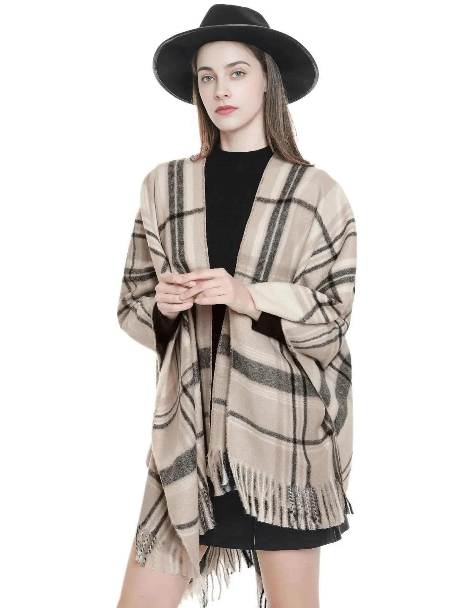 Women's Cashmere Feeling Shawl Lady Classic Plaid Cape Spring Autumn Retro Cardigan Winter Cloak with Tassels Soft Large