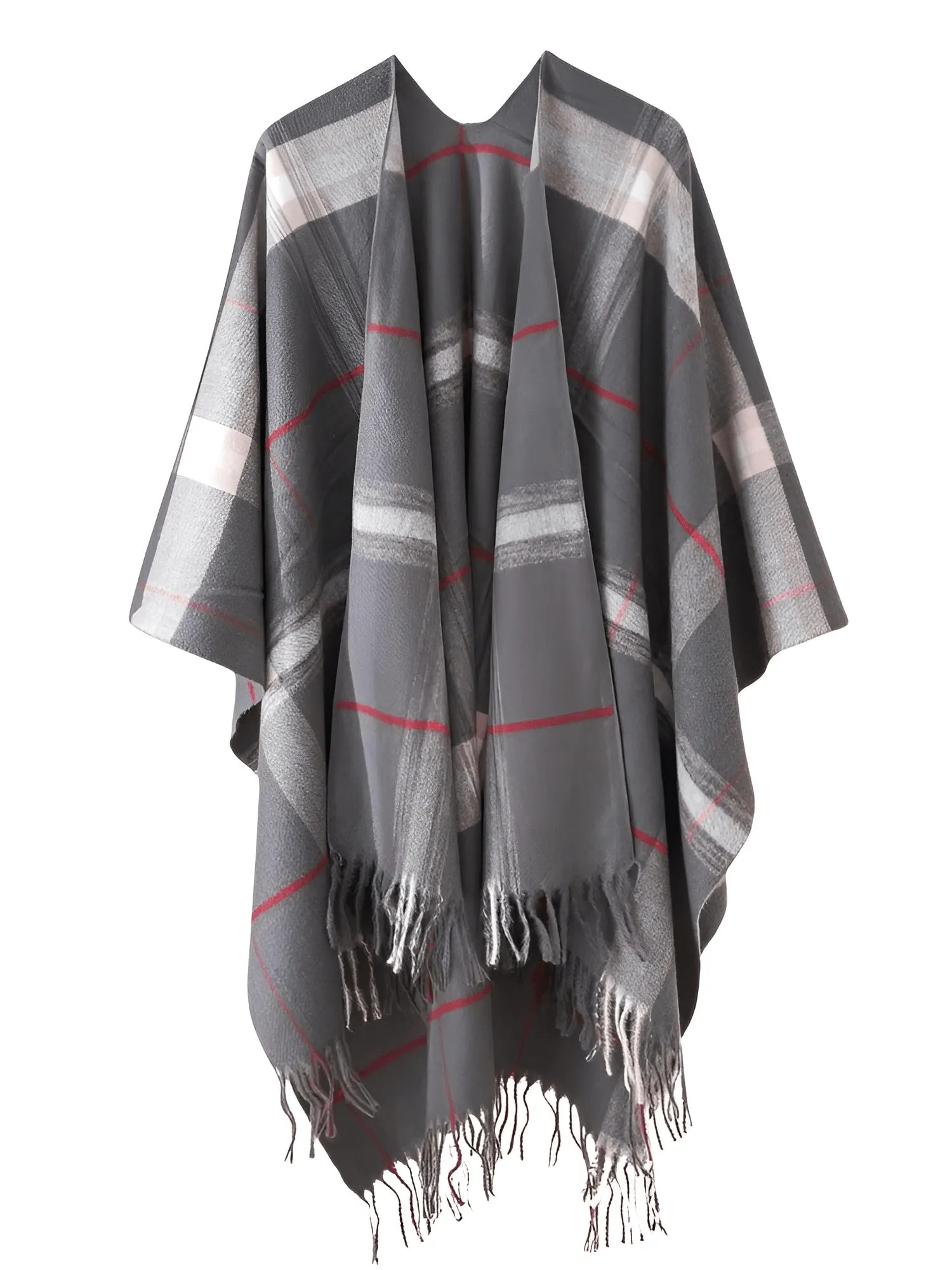 Women's Cashmere Feeling Shawl Lady Classic Plaid Cape Spring Autumn Retro Cardigan Winter Cloak with Tassels Soft Large