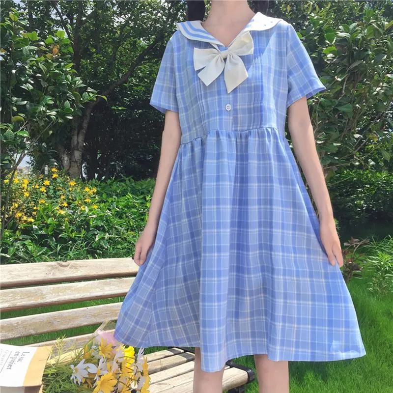 Women's Cute High-waist Navy Collar Plaid Dresses