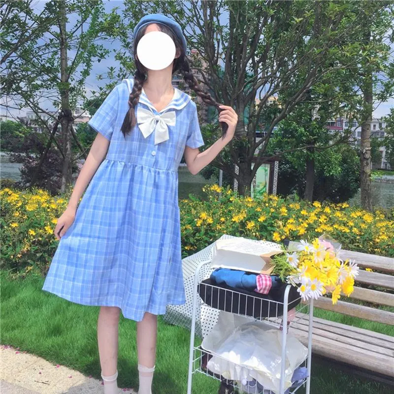 Women's Cute High-waist Navy Collar Plaid Dresses